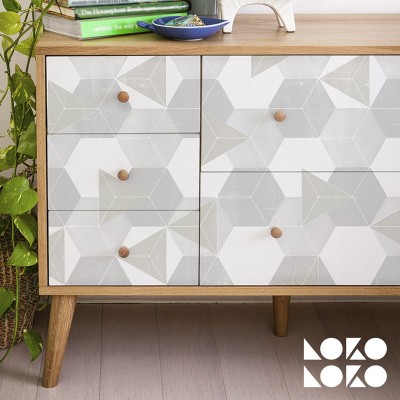 Nordic hexagons design printed on vinyl sticker to decorate chest of drawers
