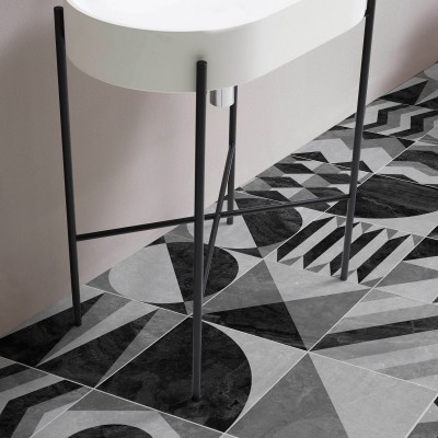 Vinyl sticker of geometric and ceramic tiles to decorate the kitchen floor