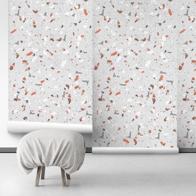 Grey and Orange terrazzo - Self-Adhesive eco-friendly PVC-free wallpaper . DIY Walls halls, salon, living, bedroom
