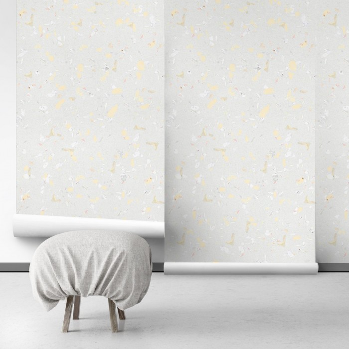 Terrazo amarillo claro - Papel de pared autoadhesivo ecológico sin PVC. DIY en recibidores, salones, dormitorios