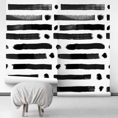 Brush lineal dots- self-adhesive free pvc ecological. norEtnic, mudcloth, bedroom, hall, salon. Lines black background white