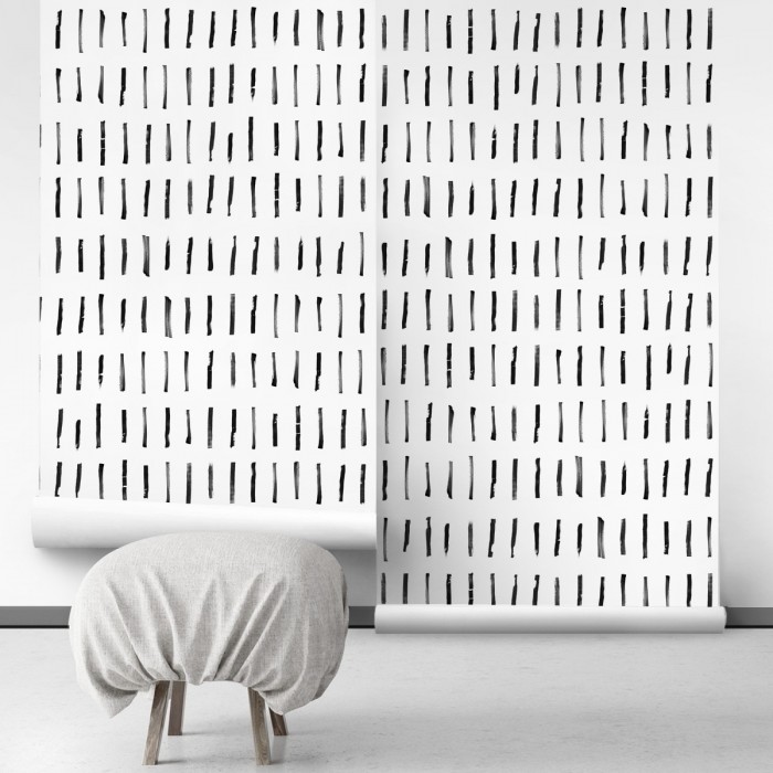 Brush vertical mini self-adhesive free pvc ecological. norEtnic, mudcloth, bedroom, hall, salon. Lines black background white