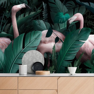 Paradiso - Self-adhesive vinyl for wall decor of a big mural wih plants and flamingos