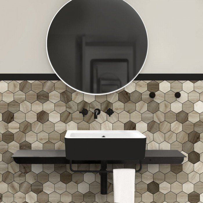 Azulejos hexagonales de maderas japandi - vinilo lavable autoadhesivo para muebles, paredes y suelos azulejos cocina baños