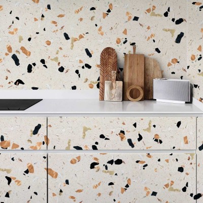 Contrast warm terrazzo - washable laminated opaque self-adhesive vinyl for furniture walls kitchens bathrooms and floors