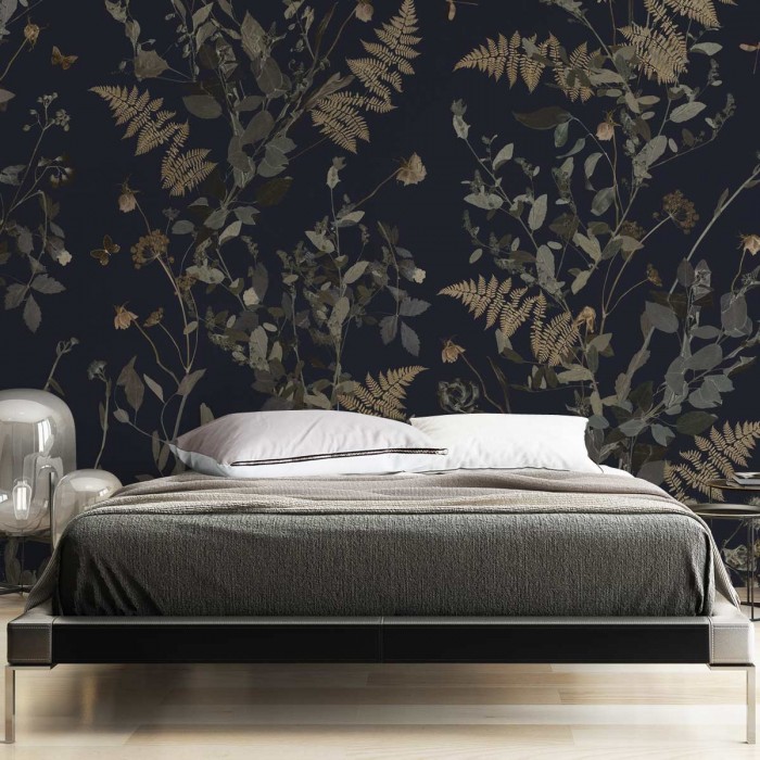Tempus Night - Eco-friendly self-adhesive wallpaper mural for bedroom walls - dry leaves flowers - Lokoloko