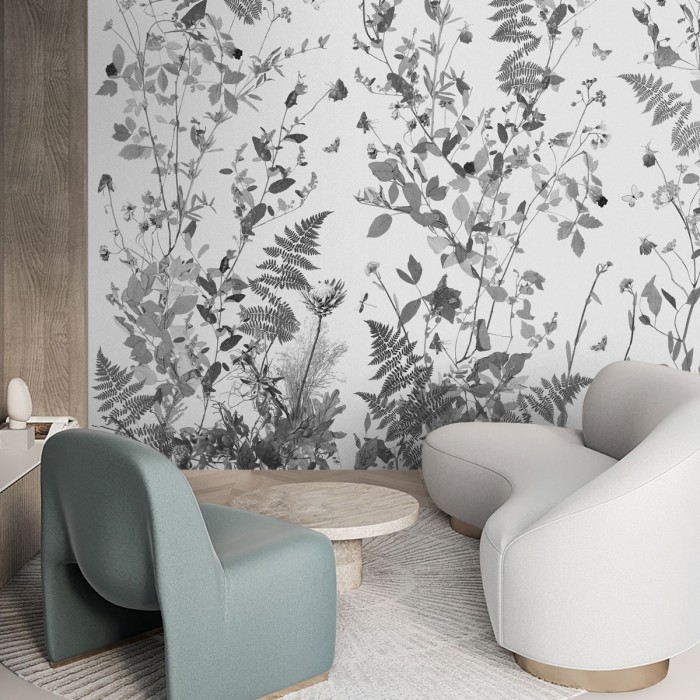 Tempus - Papel pintado pared ecológico autoadhesivo para superficies lisas cabeceros dormitorios salones - Hojas gris - Lokoloko