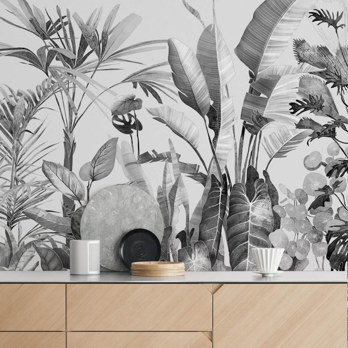 Tropicalia blanco y negro - Mural de Vinilo autoadhesivo lavable para cocina frente azulejos palmeras monsteras lokoloko