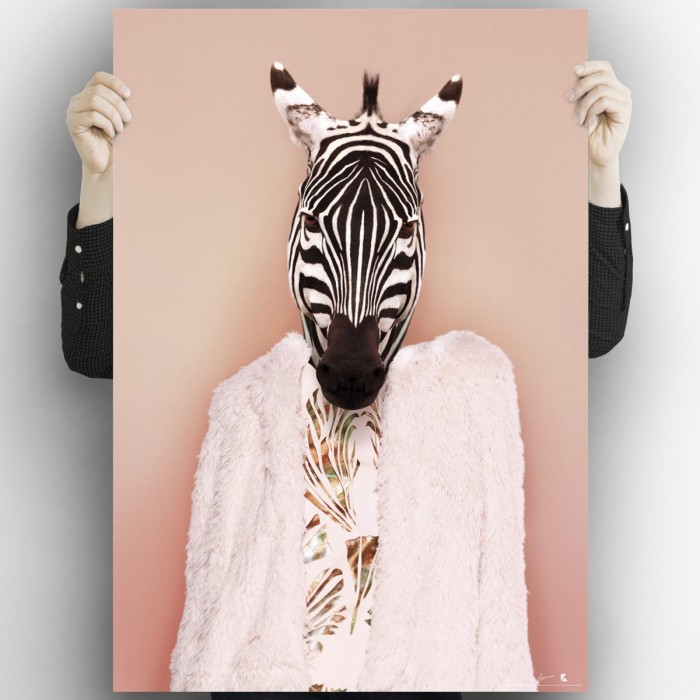 Modelo Cebra. Diseño de póster para impresión de una elegante cebra con la ropa mas moderna