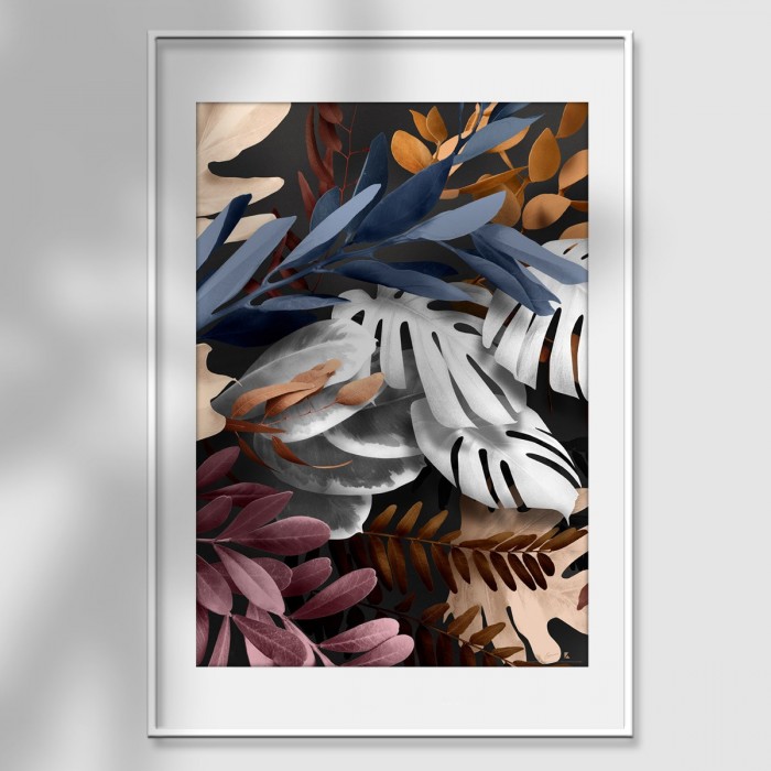 Lámina Bohemia 1 - lamina poster de autor hojas flores eucaliptos tierra burdeos azul glam lokoloko
