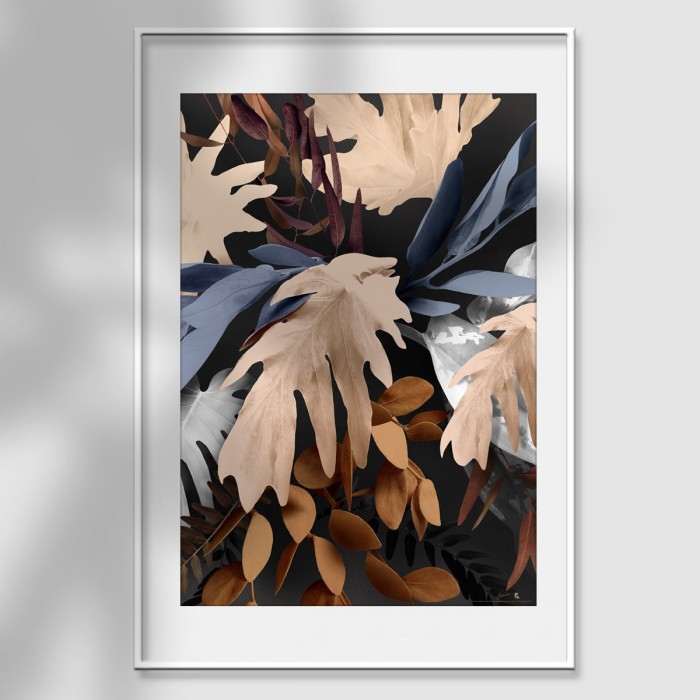Lámina Bohemia 2 - diseño de autor mural flores y ramas eucaliptos y monsteras tierra, azul y gris claro lokoloko