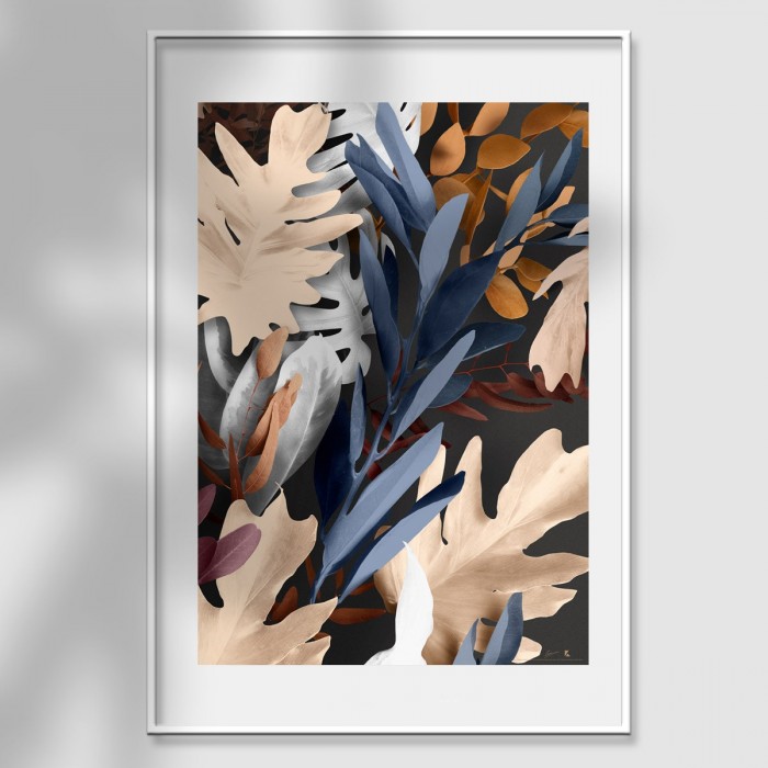Lámina Bohemia 3 - diseño de autor mural flores y ramas eucaliptos y monsteras tierra, azul y gris claro lokoloko