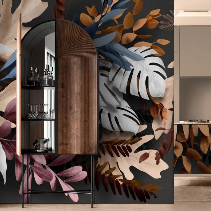 Bohemia - Eco-friendly self-adhesive wallpaper mural for living-room walls - Leaves, grey, blue, cream - Lokoloko