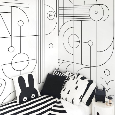 Line black and white - Self-adhesive ecological wallpaper mural for smooth walls hallways, bedrooms, living rooms