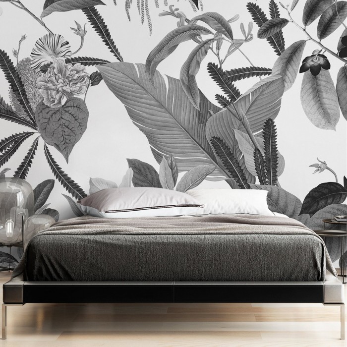 Flores de Terciopelo Blanco y Negro - Papel pintado pared ecológico autoadhesivo para paredes dormitorios - Lokoloko