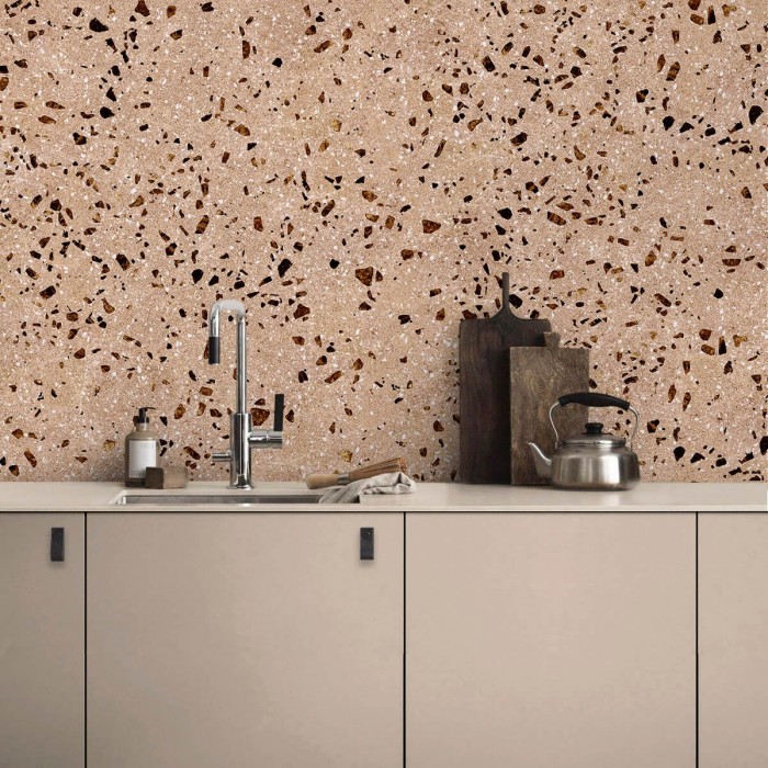 Terrazo Beneto - Vinilo Lokoloko lavable, autoadhesivo para paredes, azulejos, copetes y frentes cocinas en tonos tierras.