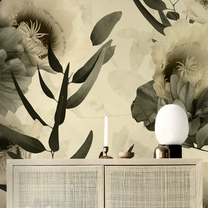 Deva - Papel pintado pared ecológico autoadhesivo para superficies lisas salón recibidor - flores hojas grises calido - Lokoloko