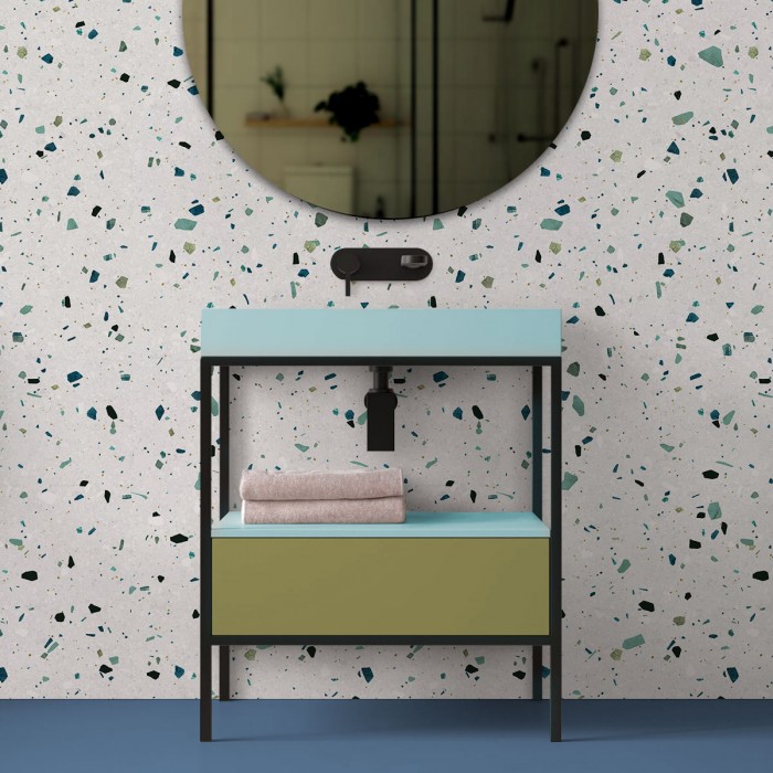 Vero Terrazzo. Self-adhesive washable vinyl for tiles walls in bathrooms, toilets. Green, turquoise, blue stones, Lokoloko