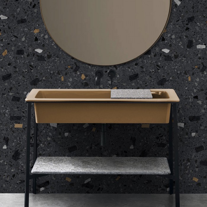 Terrazo Liceo - vinilo lavable, autoadhesivo y opaco en color gris, negro y tierra. Para paredes y azulejos de baños. Lokoloko.