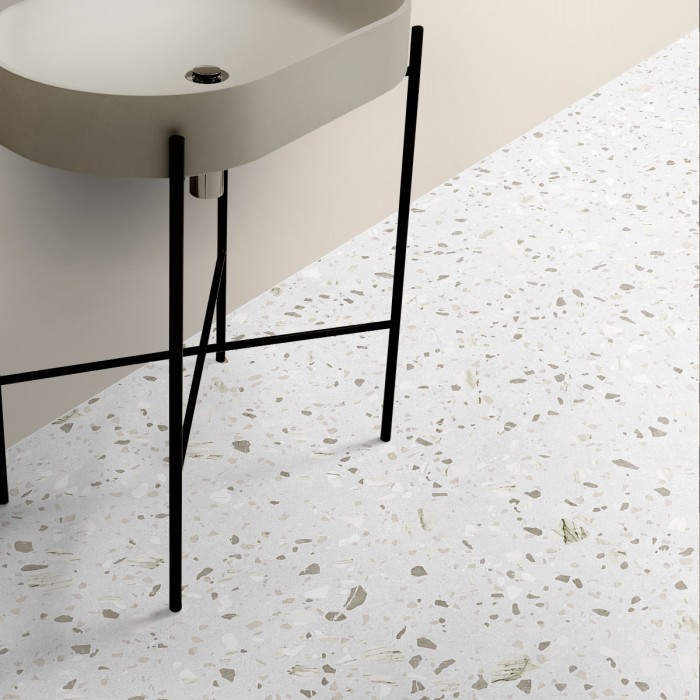 Terrazo Murano - vinilo lavable, autoadhesivo, antideslizante  para suelos de baño y cocina. Diseño Lokoloko en gris y marrón.