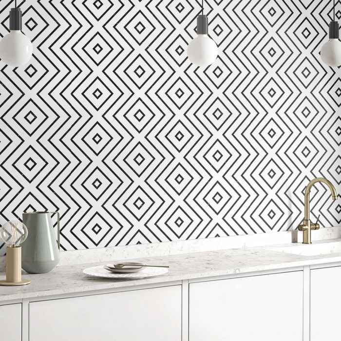 Patrón de rombos negros - Vinilo autoadhesivo lavable para forrar paredes de cocina - Geometría, líneas. Lokoloko