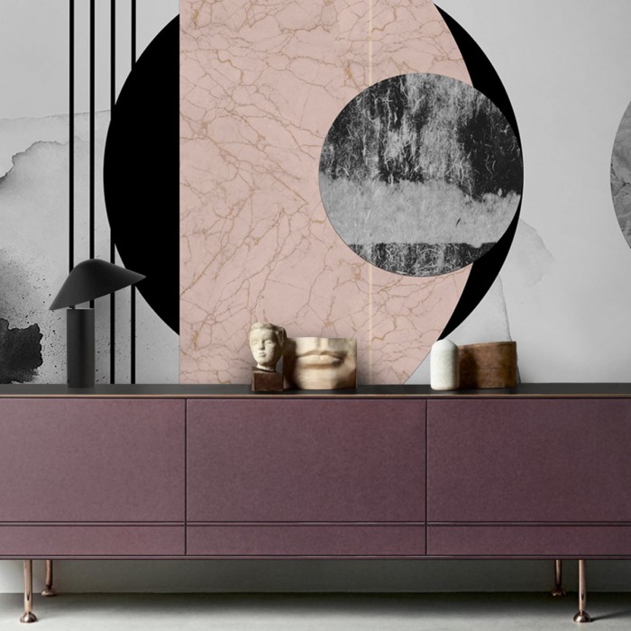 Abstracción y Geometría - Mural de vinilo autoadhesivo lavable opaco para paredes de salón. Negro, gris, rosa. Lokoloko