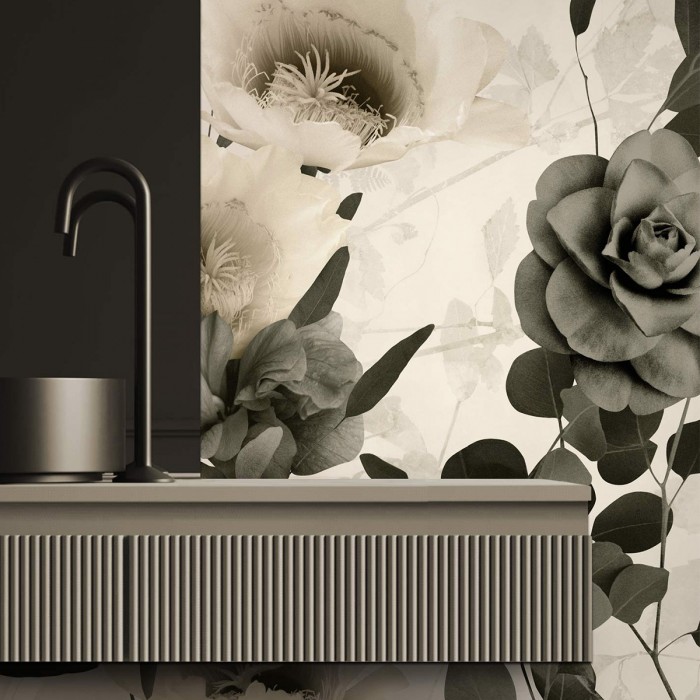 Deva - Mural de vinilo autoadhesivo para forrar paredes y muebles - Diseño floral en tonos neutros - Lokoloko