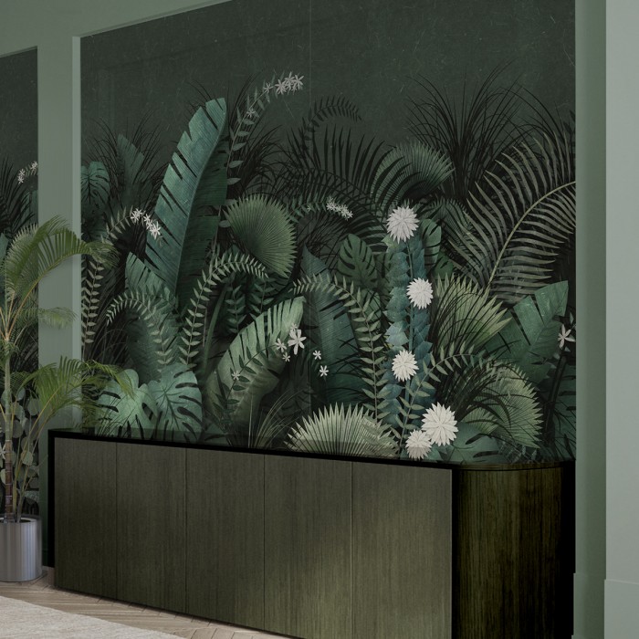 Tropical Intenso - Papel pintado pared ecológico autoadhesivo para salón comedor cenador - Mural plantas vegetación - Lokoloko