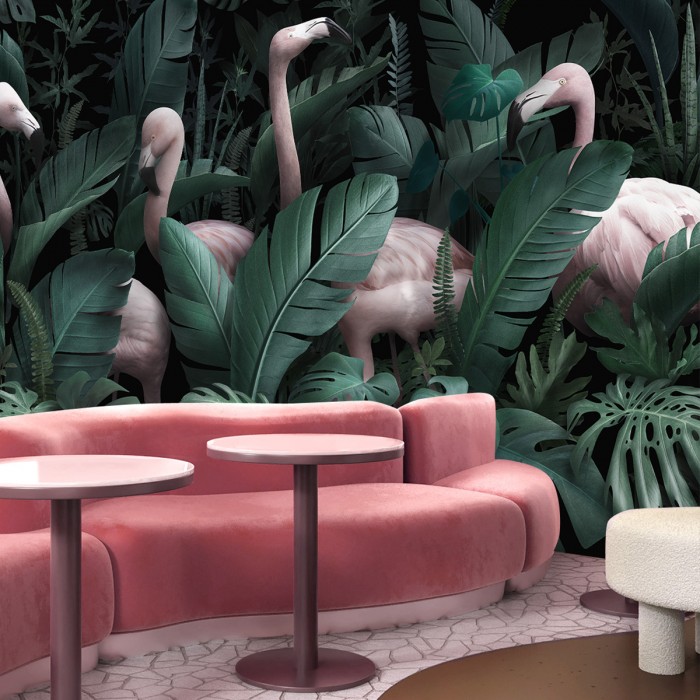 Paradiso - Eco-friendly self-adhesive wallpaper mural for restaurant dining room - flamingos plants leaves - Lokoloko