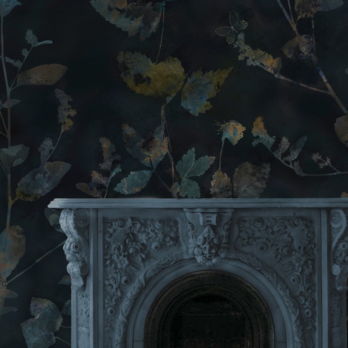 Nocturna - Eco-friendly self-adhesive wallpaper mural for living-room walls - Leaves flowers dark garden - Lokoloko