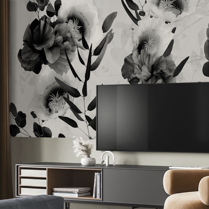 Daila Black and White - Eco-friendly self-adhesive wallpaper mural - for living-room TV rooms - Grey, flowers, leaves - Lokoloko