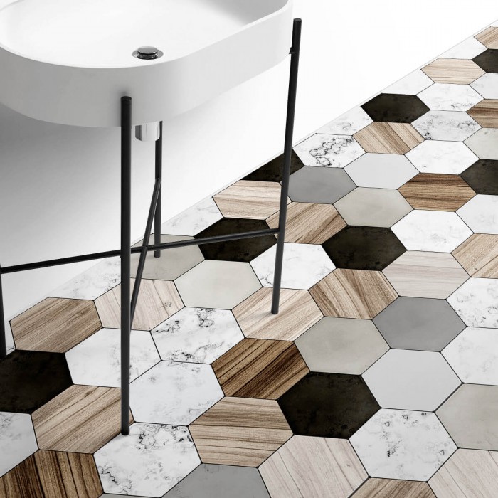 Vinilo de losas hexagonales de madera y cerámica para pegar en suelos de cuartos de baño, cocinas y dormitorios