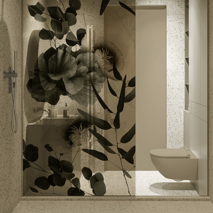 Deva - Washable self-adhesive transparent vinyl sticker of mural for shower panel glass. Ecological ink. Lokoloko