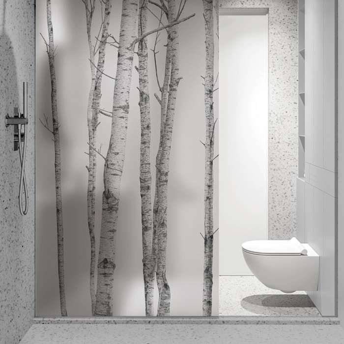 El Bosque - Mural de vinilo translúcido lavable autoadhesivo para mampara de cristal de baño. Grises. Lokoloko