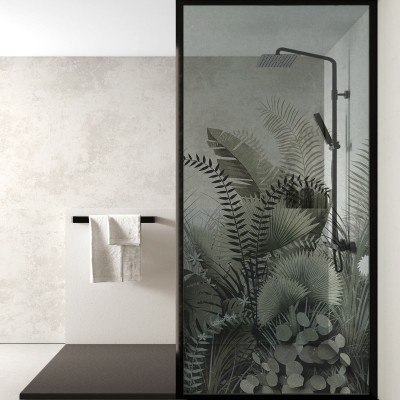 Atardecer Tropical - Mural de vinilo transparente autoadhesivo lavable para mamparas de ducha en baño. Lokoloko