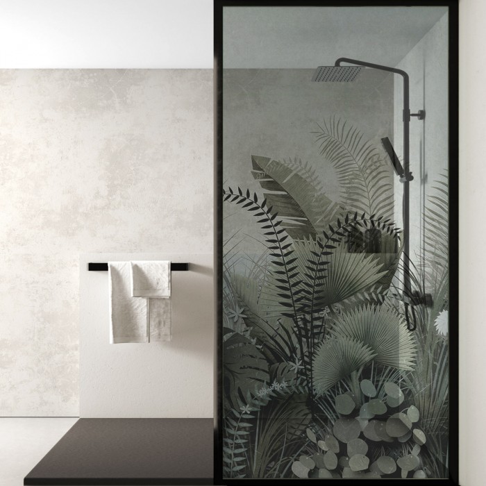Tropical Sunset - Washable clear self-adhesive vinyl mural with ecological inks, for glass shower panel glass in the bathroom.