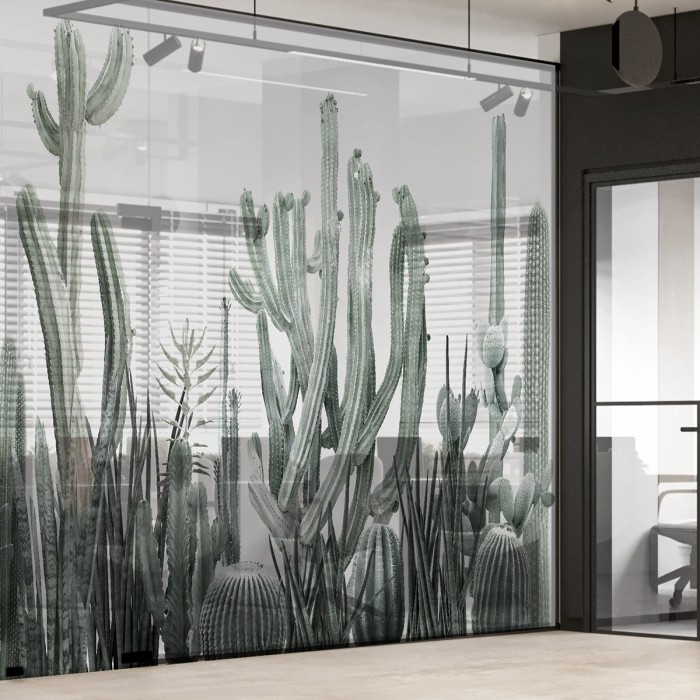 Cactarium - Mural Vinilo transparente autoadhesivo lavable para tabiques de cristal separades de oficinas. Lokoloko