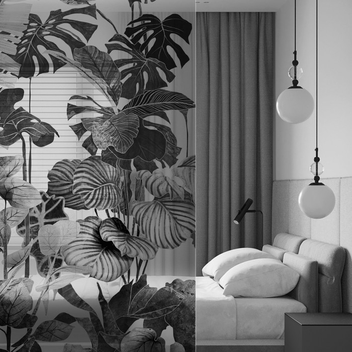 Tropicalia Blanco y Negro - Mural vinilo transparente autoadhesivo lavable para tabiques de cristal en dormitorios. Lokoloko
