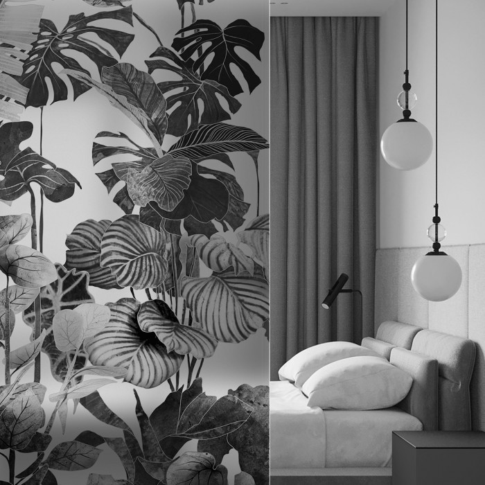 Tropicalia Blanco y Negro - Mural vinilo translúcido autoadhesivo lavable para tabiques de cristal en dormitorios. Lokoloko