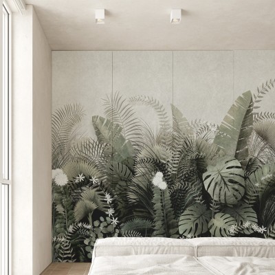 Atardecer Tropical, mural de vinilo lavable opaco para muebles, armarios empotrados dormitorios, verdes y palmeras, Lokoloko