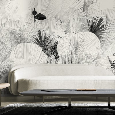 Blanca Dona - mural papel pintado ecológico autoadhesivo para paredes de salon, dormitorios, palmitos blanco y negro, Lokoloko