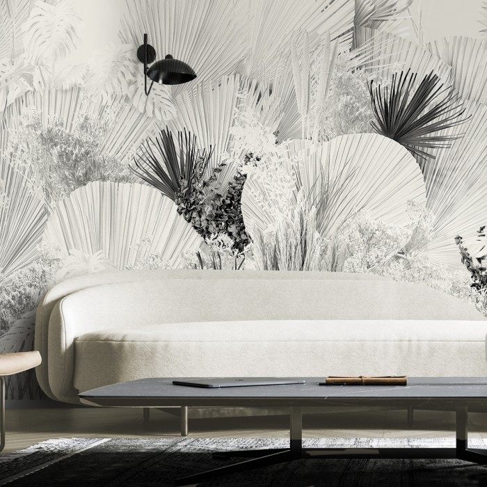 Blanca Dona - mural papel pintado ecológico autoadhesivo para paredes de salon, dormitorios, palmitos blanco y negro, Lokoloko