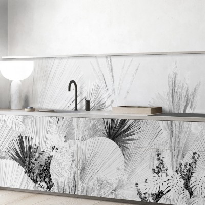Blanca Dona - mural vinilo lavable para frente, copete, paredes y muebles de cocina, pampas palmitos blanco y negro