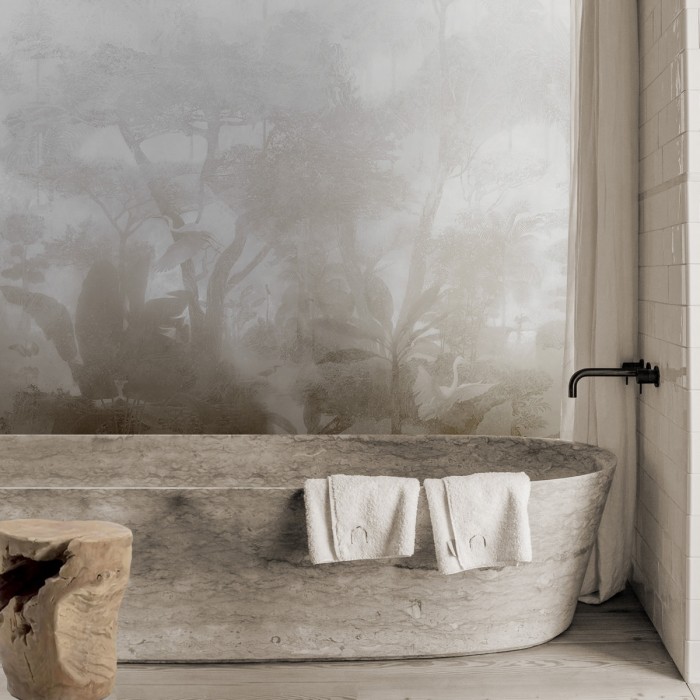 Giverny Tierra - Mural de vinilo autoadhesivo lavable opaco para paredes cuarto de baño. Marrón, árboles, aves. Lokoloko