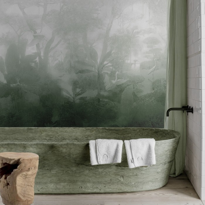 Green Giverny. Washable self-adhesive eco inks vinyl mural for bathrooms. Birds, tres, plants. Lokoloko
