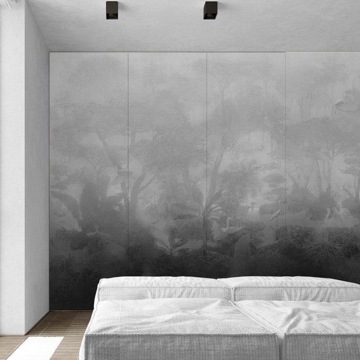 Giverny Grey. Washable self-adhesive eco inks vinyl mural for closet doors. Birds, trees, plants. Lokoloko