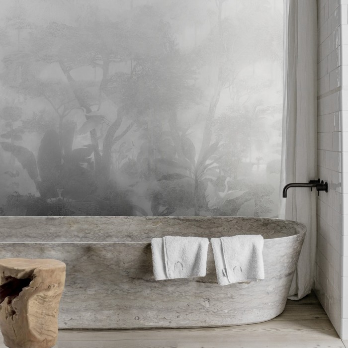 Giverny Grey. Washable self-adhesive eco inks vinyl mural for bathrooms. Birds, trees, plants. Lokoloko