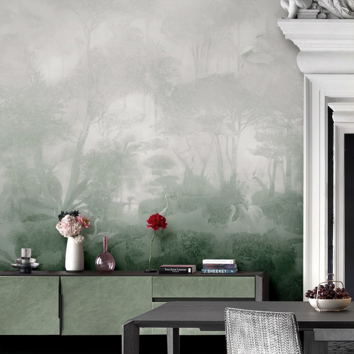 Giverny Verde - Mural de papel de pared pintado ecológico autoadhesivo para paredes lisas de salones de casa y hotel. Lokoloko