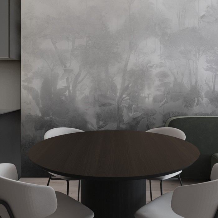 Giverny Grey - Eco-friendly self-adhesive wallpaper mural for living-room - Birds, trees, plants - Lokoloko