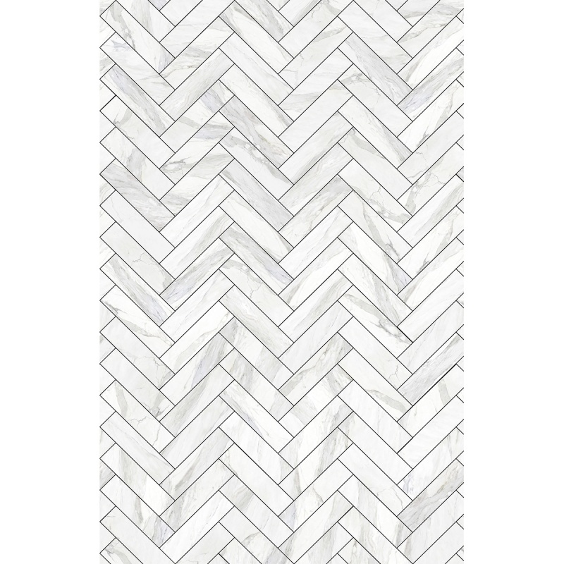 White marble herringbone tiles black joints. Matte Vinyl. 95x150cm